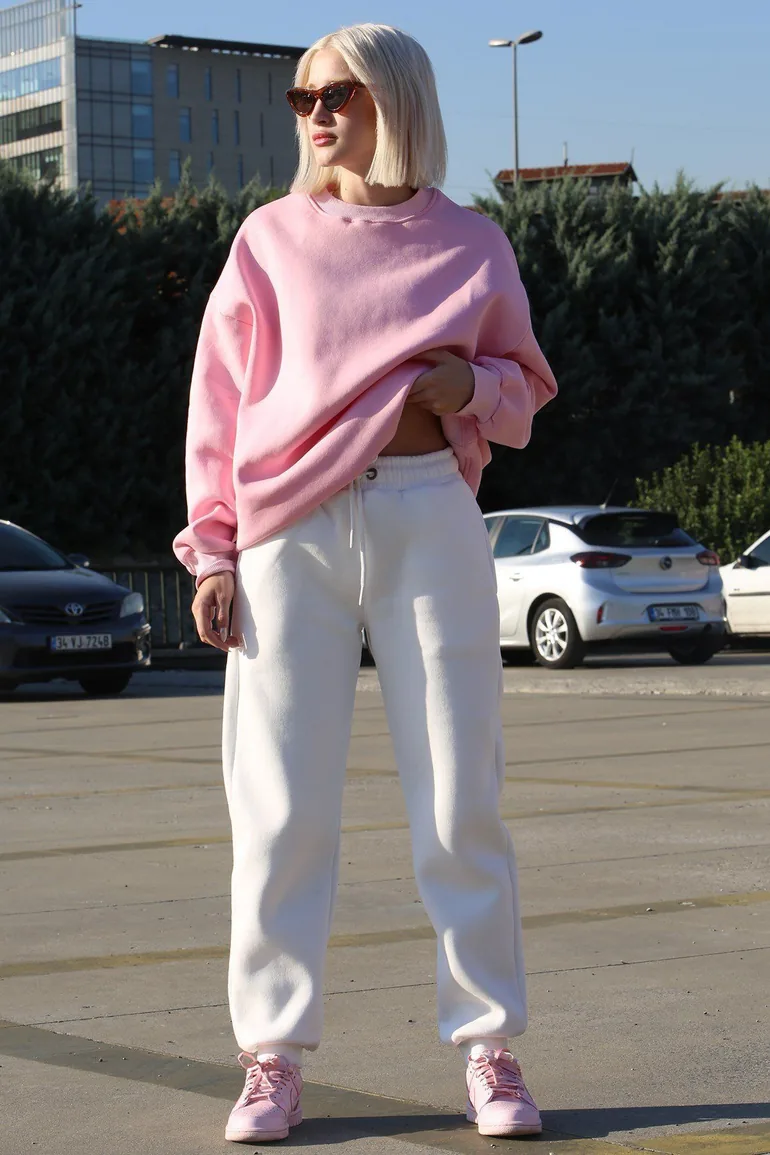 Pink Crew Neck Basic Sweatshirt - 1