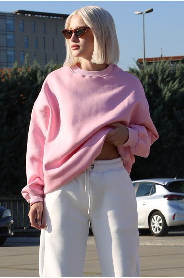Pink Crew Neck Basic Sweatshirt