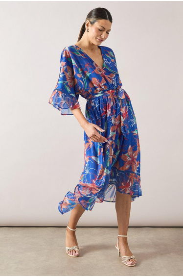 Floral Drop Hem Frill Midi Dress