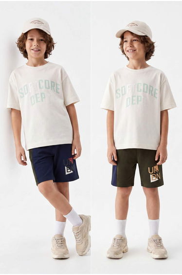 Navy Blue-Khaki Printed Knitted Shorts & Bermuda