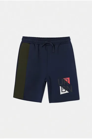 Navy Blue-Khaki Printed Knitted Shorts & Bermuda