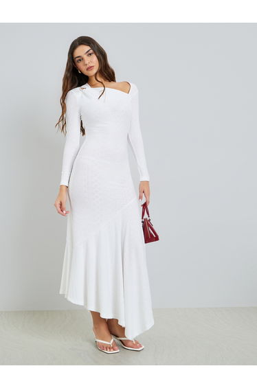 Off White Asymmetric Hem Maxi Dress