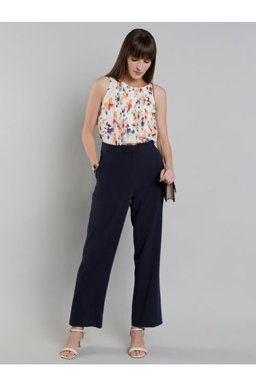 Women White Floral Print Sleeveless Top with Pin Tuck Detail