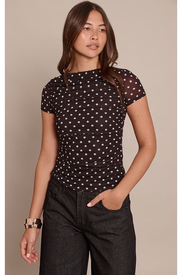 Chocolate Polka Dot Mesh Fitted Short Sleeve Top