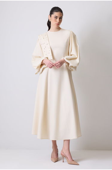 STONE EMBROIDERED BALLOON SLEEVED DRESS