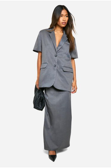 Marl Shoulder Pad Short Sleeved Oversized Longline Blazer - charcoal