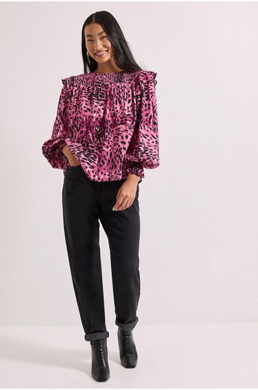 Animal Print Petite Shirred Yoke Frill Detail Tip