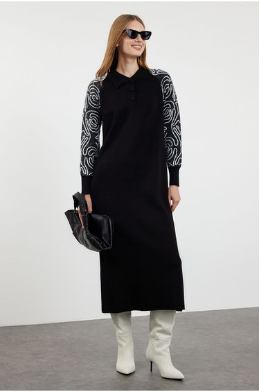 Black Polo Neck Sleeves Patterned Knitwear Dress