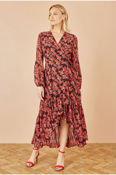 Yumi Red Rose Print Dipped Hemline Midi Dress With Open Long Sleeves