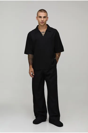 Wide Leg Half & Half Waist Linen Blend Trouser - black