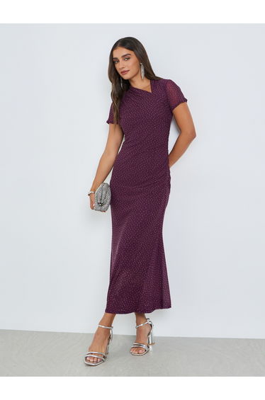 Purple Embellished Sheath Midi Evening Dress