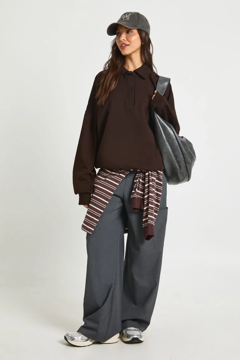 سويتشيرت بوهو بني بأكمام طويلة