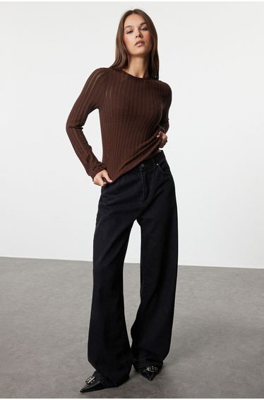 Dark Brown Transparent Knitwear Look Fabric Regular Size Crew Neck Knitted top