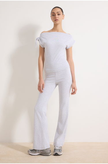 Gray Melange Fitted Ribbed Knit Top and Bottom Set with Elastic Waist and Tie Detail