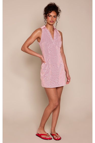 Red Stripe Collar Detail Sleeveless Bodycon Dress