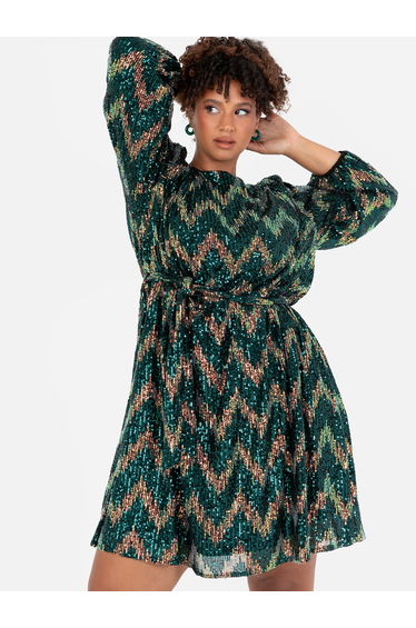 Lovedrobe Luxe Zig-Zag Sequin Long Sleeve Belted Mini Dress
