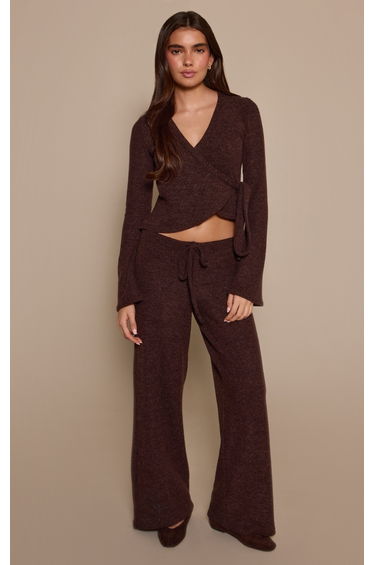 Dark Brown Marl Ribbed Wrap Around Top