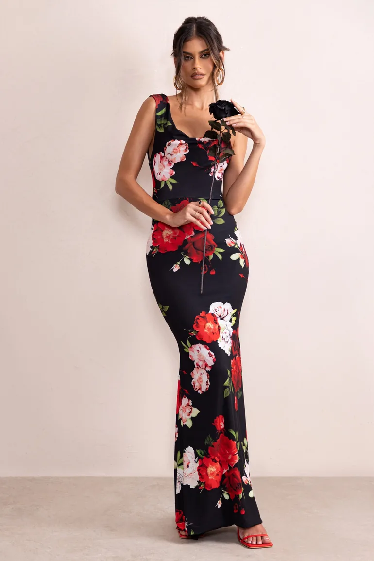 Shop Phantasy | Black Floral Print Asymmetric Neckline Cowl Maxi Dress  Online in Qatar
