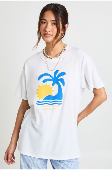Paradise Island Beach Club Graphic Oversized Tshirt - white