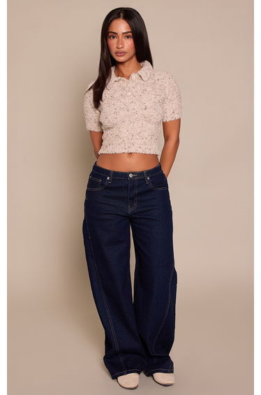 Petite Oatmeal Fluffy Knit Collared Fitted Crop Top