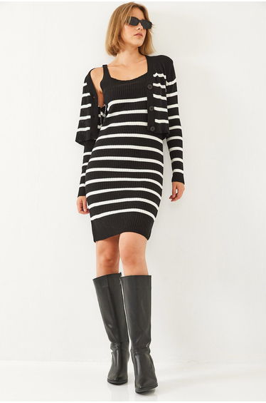 Women's Striped Suspender Dress and Jacket Two Piece Set