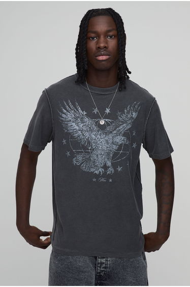 Regular Washed Charcoal Exposed Seam Eagle Graphic T-shirt - washed charcoal