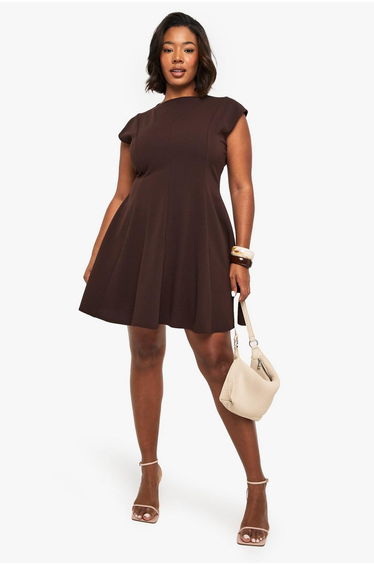 Plus panelled volume skater dress - chocolate