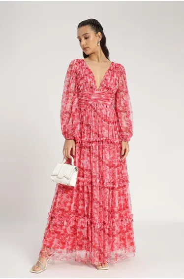 فستان ماكسي بطبعة أزهار لون أحمر