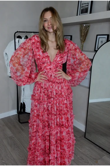 فستان ماكسي بطبعة أزهار لون أحمر