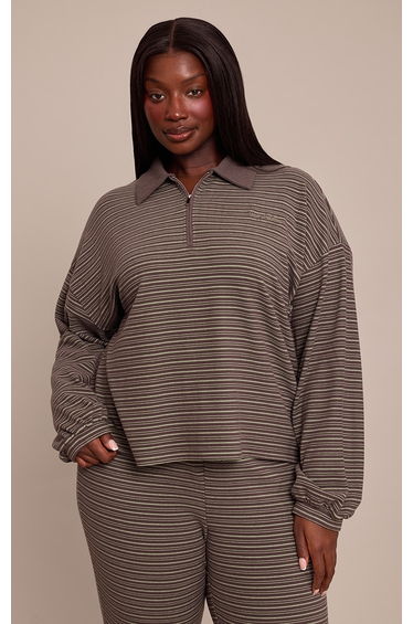 Plus Dark Green Striped Soft Fleece Polo Quarter Zip Sweatshirt