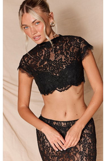 Black Sheer Lace Short Sleeve Scallop Edge Top