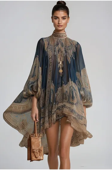 Hermokrates Bell Sleeve Print Ruffle Mini Dress In Dark Blue