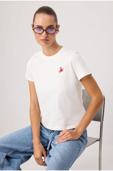 Ecru Crab Printed Regular Fit Short Sleeve 100% Cotton Knitted T-Shirt