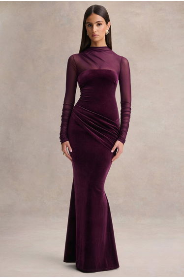 Cambria | Plum Velvet High-Neck Maxi Dress With Draped-Detailing