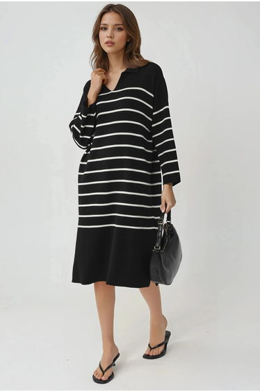 MY FASHION Striped V-Neck Loose Fit Midi Knit Dress with Slit