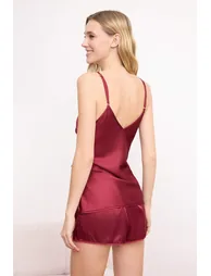 Burgundy Plain Satin Woven Pajama Set - 3