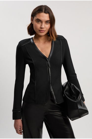 Petite Bandage PU Detail V Neck Top