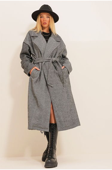Women's Anthracite Double Pocket Unlined Belted Cashmere Coat