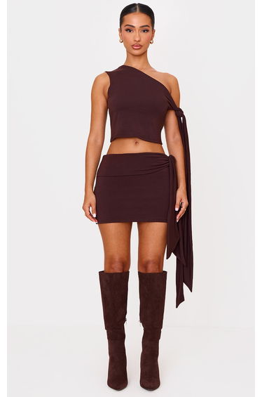 Petite Chocolate Contour Jersey Tie Detail Foldover Mini Skirt