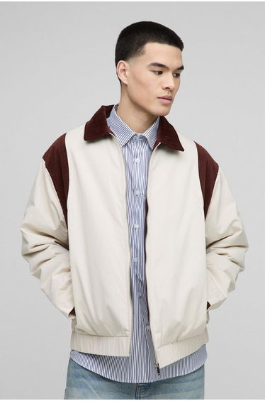 Oversized Contrast Cord Twill Collared Bomber Jacket - ecru