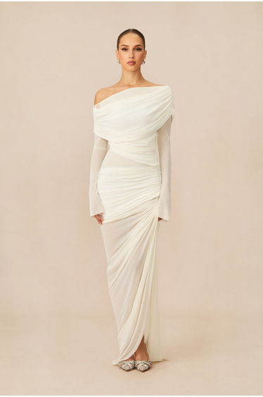 Paula One Shoulder Ruched Mesh Maxi Dress