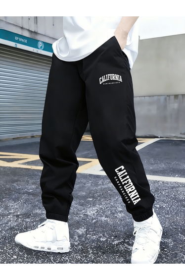 Boys Black California Print Tapered Track Pants