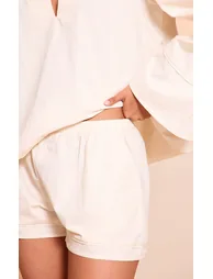 Cream Cotton Woven Pleate Detail Floaty Shorts - 4