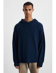 GRIMELANGE Gondor Men's Clean Surface Hooded Medium Thickness Knit Oversize Navy Sweater - 3
