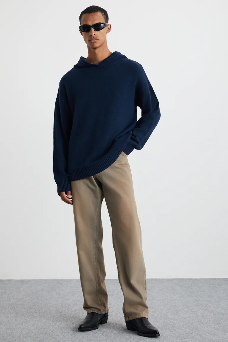 GRIMELANGE Gondor Men's Clean Surface Hooded Medium Thickness Knit Oversize Navy Sweater