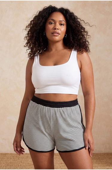 Black Striped Lace-Up Ribbed Knit Large Size Pajama Bottoms