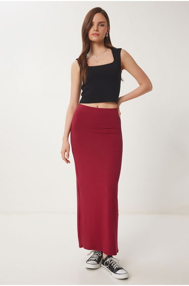 Women's Burgundy Slit Midi Knitted Skirt