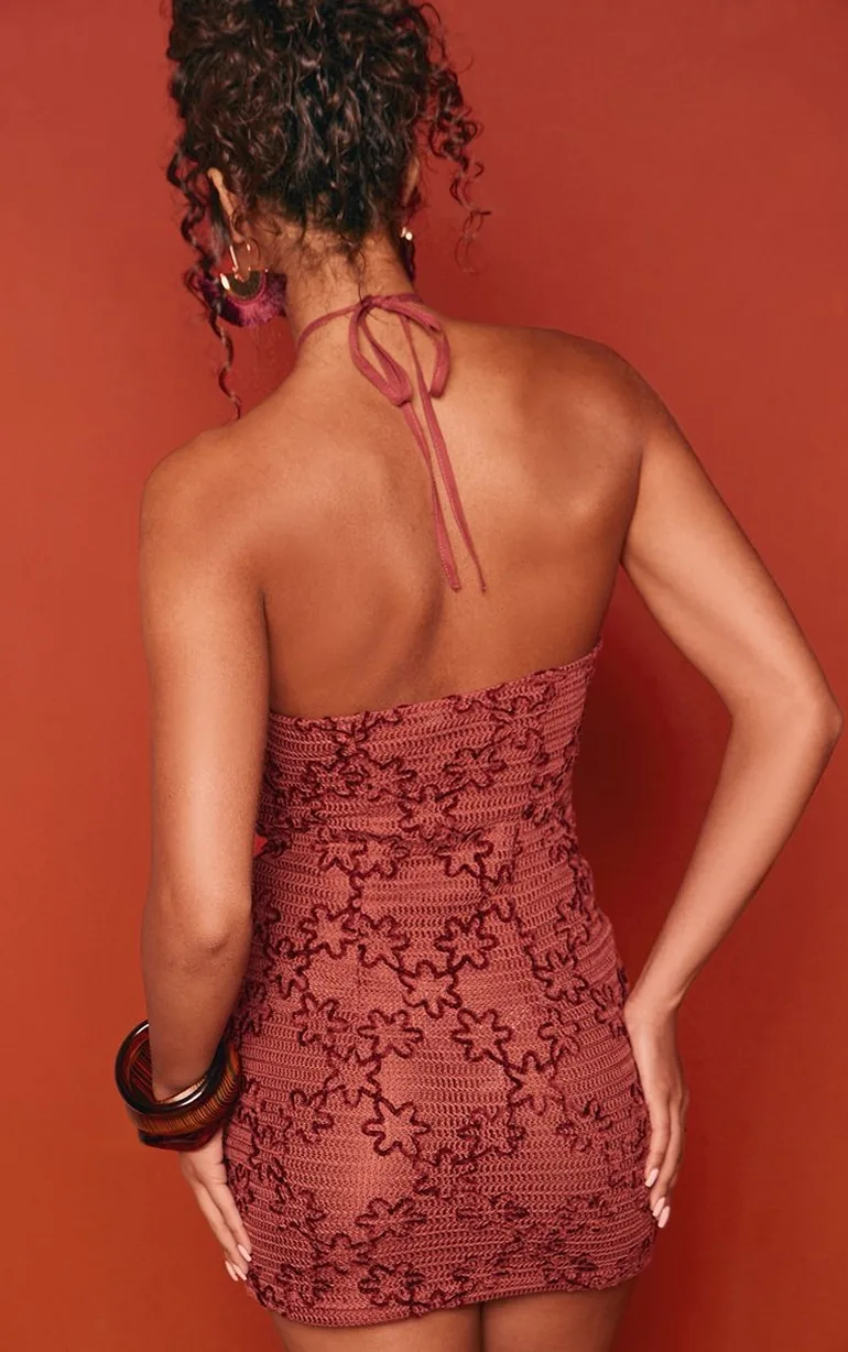Dark Red Floral Halterneck Plunge Dress - 1