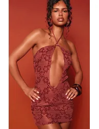 Dark Red Floral Halterneck Plunge Dress