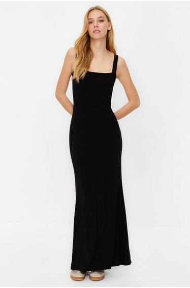 Black Thick Strap Fitted Flexible Knitted Maxi Dress